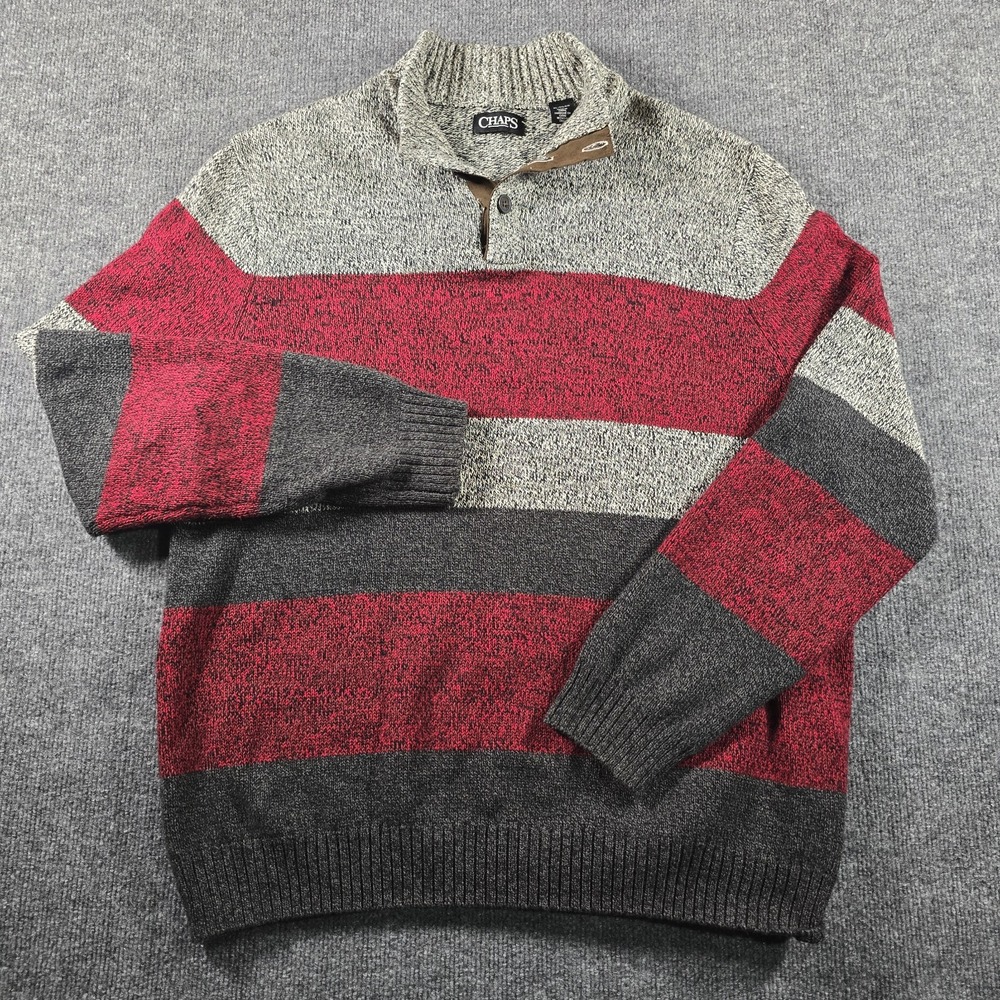 Chaps Ralph Lauren Men's XL Striped Marled Knit Mock Neck Sweater Red Gray Black